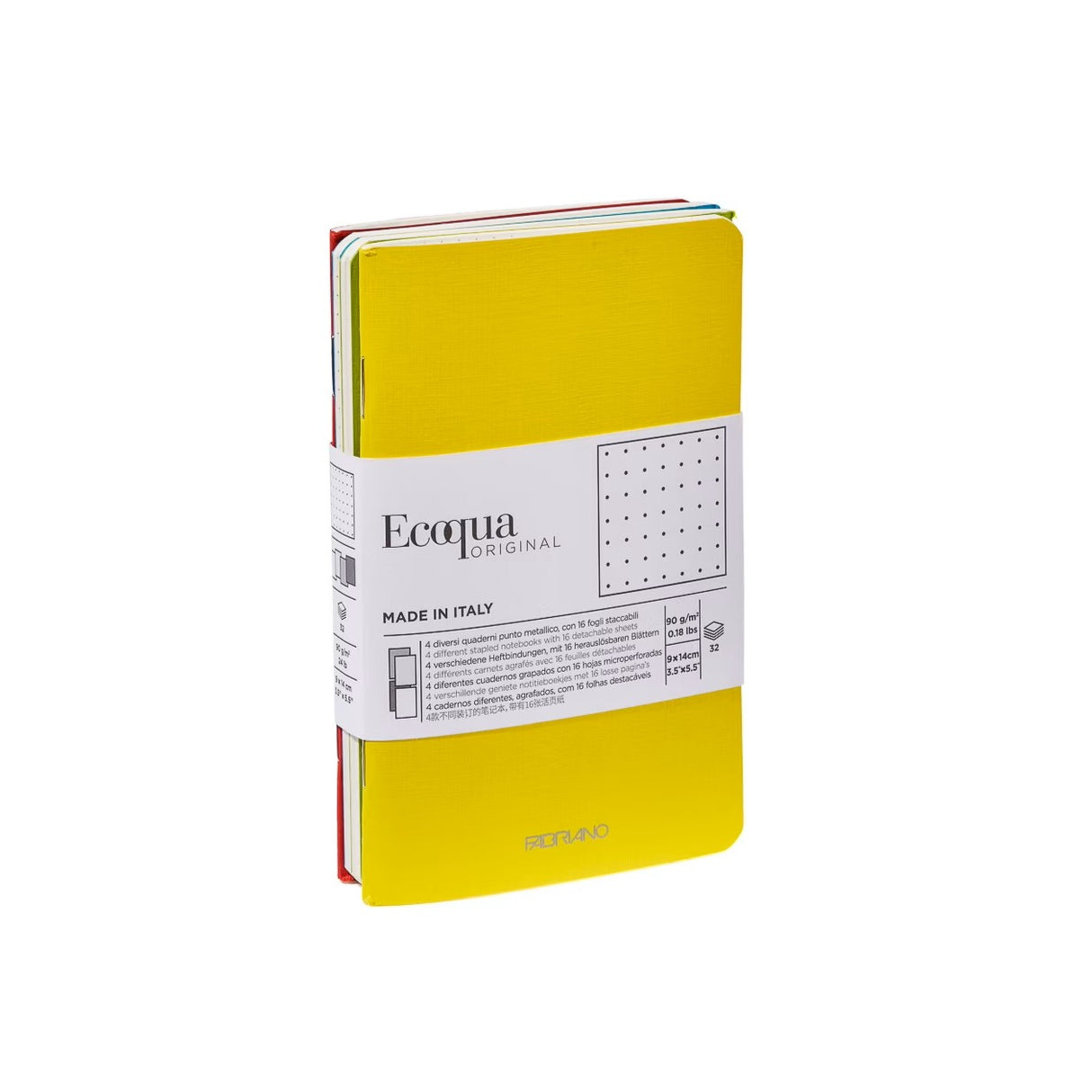 Fabriano EcoQua 3" x 5" Pocket-Sized Notebooks are ideal for writing and drafting with pencil, ballpoint pens, fountain pens and marker pens. The notebook pack includes four 3" x 5" staple-bound journals that are made in Italy of 57 lb. 90g/m2 Bioprima ivory shade paper. Multi-purpose, versatile surface. Environmentally-friendly, FSC-certified, acid-free paper. The paper is chlorine-free, acid-free and completely recyclable.
The Spring Set includes yellow, lime, turquoise and red covers.
4 notebooks; 32