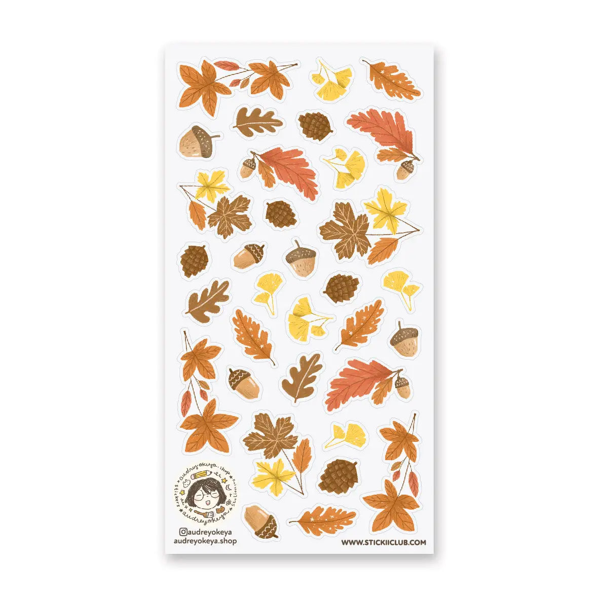 STICKII - Fall Flora Sticker Sheet
🍁 Time to spice things up with this cool set of autumn goodies by @audreyokeya that'll instantly add awesome fall vibes wherever you place them. Featuring leaves, acorns, and pine cones in the classic autumnal color palette, we're feeling the festive spirit already! Art by: @audreyokeya
Top Coating: None
Adhesive Layer: Paper
Backing Layer: Paper
6.69" x 3.54".
Weight - 0.03lbs.
1 sheet included 