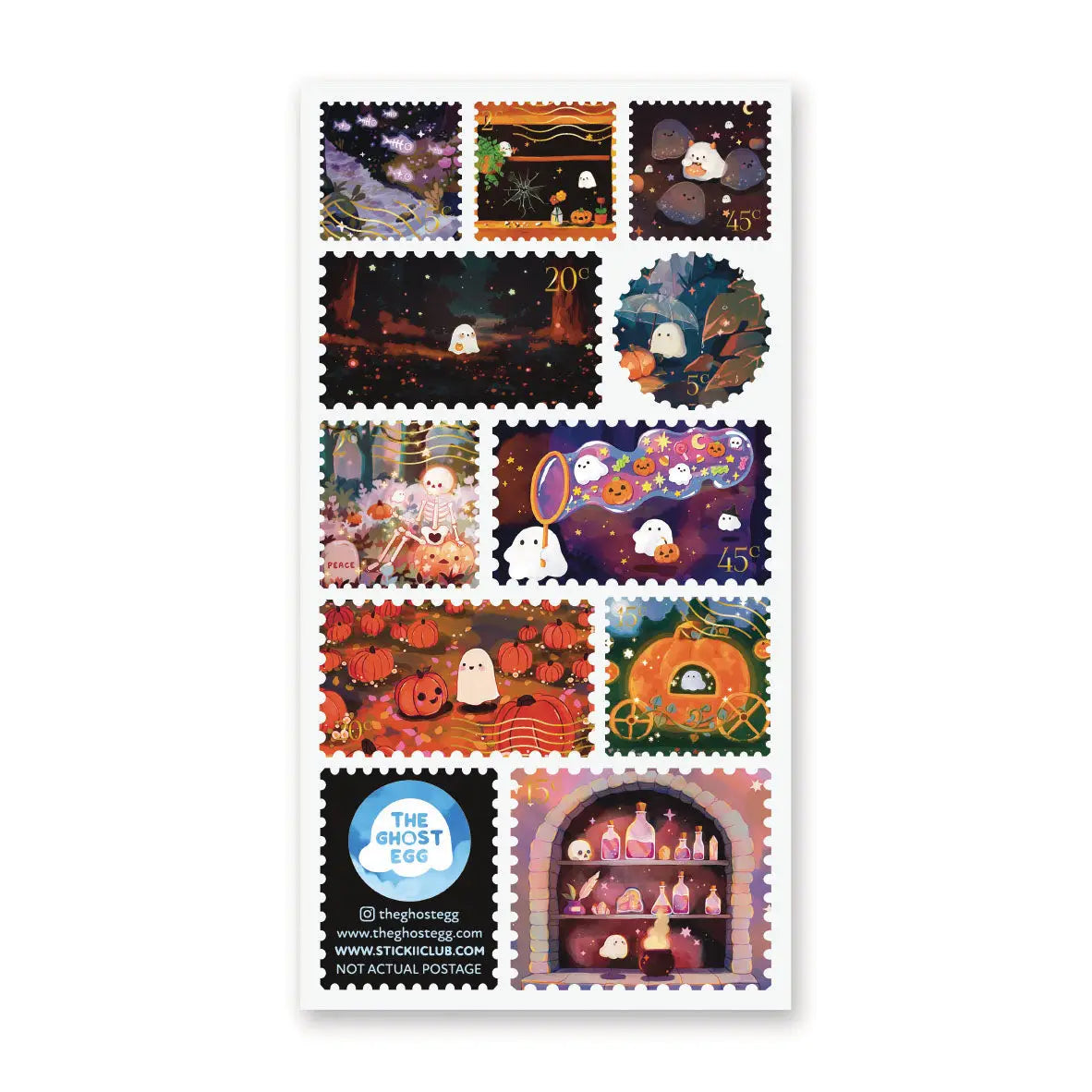 👻🍁 Follow @theghostegg’s sweet little ghosties as they float through their favorite fall activities! From pumpkin patch strolls and lantern-lit nights to magical forest wanderings and cozy potion brewing, this charming sheet is packed with autumn magic and playful spooky vibes. With magic, twinkling stars, and friendly spirits at every turn, this set captures all the charm of autumn nights and Halloween wonder in one adorable sheet. Art by: @theghostegg
Top Coating: None
Adhesive Layer: Paper
Backing Lay
