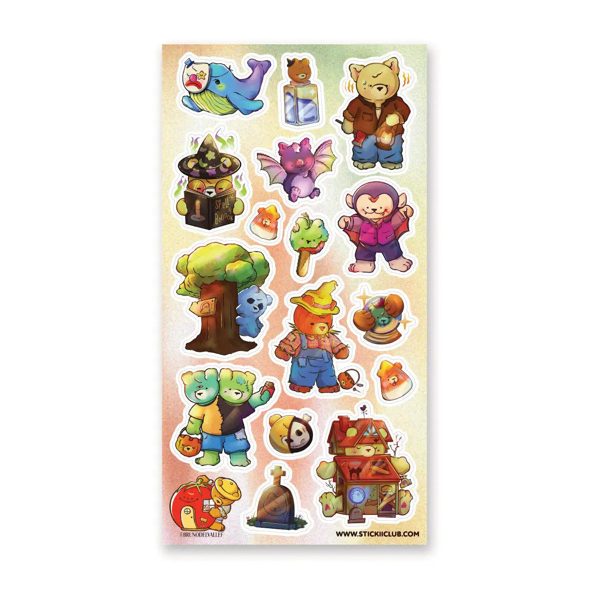 🍬🧟 Step into a boo-tifully cozy Halloween world with @brunodelvallef’s adorable spooky squad! From lantern-carrying critters and wizard bears flipping through spellbooks to playful vampires, fluttery bats, and trick-or-treating pals, every sticker is packed with frightfully cute charm. Wander past haunted houses, mysterious forests, and candy-filled surprises as this bunch turns spooky season into the sweetest kind of scare.
Art by: @brunodelvallef
Top Coating: None
Adhesive Layer: Paper
Backing Layer: