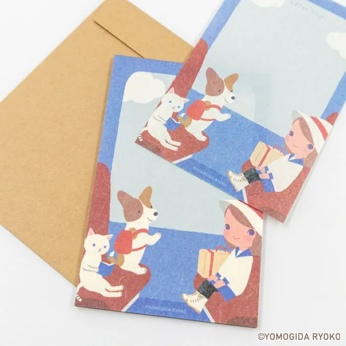 Introducing a wonderful mini letter set from the wonderful artist Ryoko Yomogida's With Trip collection! It features a lovely girl character accompanied by her little animal friends as they adventure through the world. Choose from the various designs available to spread warmth one letter at a time!