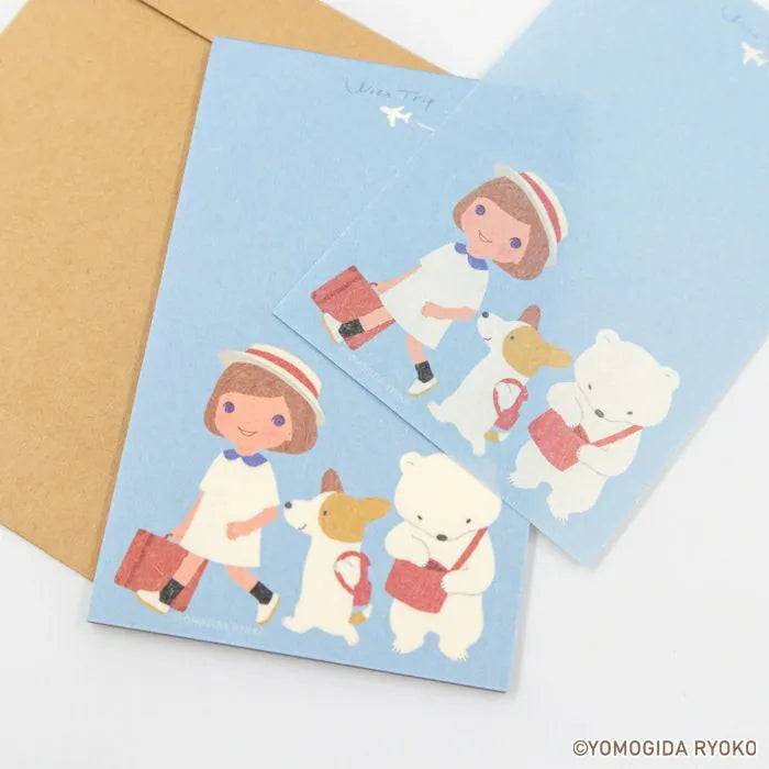 Introducing a wonderful mini letter set from the wonderful artist Ryoko Yomogida's With Trip collection! It features a lovely girl character accompanied by her little animal friends as they adventure through the world. Choose from the various designs available to spread warmth one letter at a time!