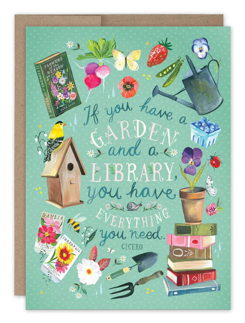 Tarjeta de cumpleaños con tema de jardín y biblioteca
