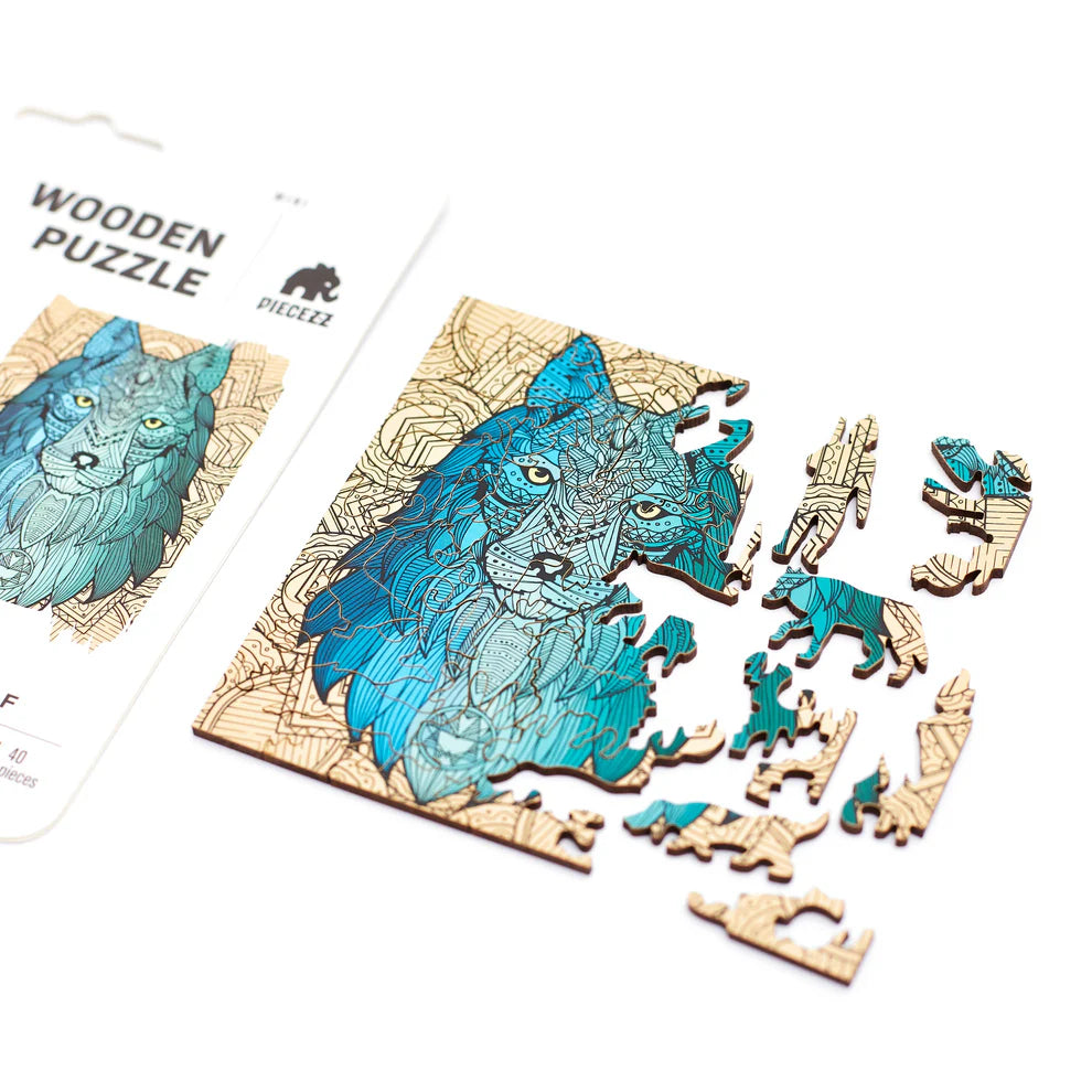 The Wolf Shaped Pocket Size Piecezz Wooden Puzzle is a fun and challenging animal shaped puzzle that is perfect for people .. The puzzle consists of 40 irregular wooden pieces that are shaped like a wolf.