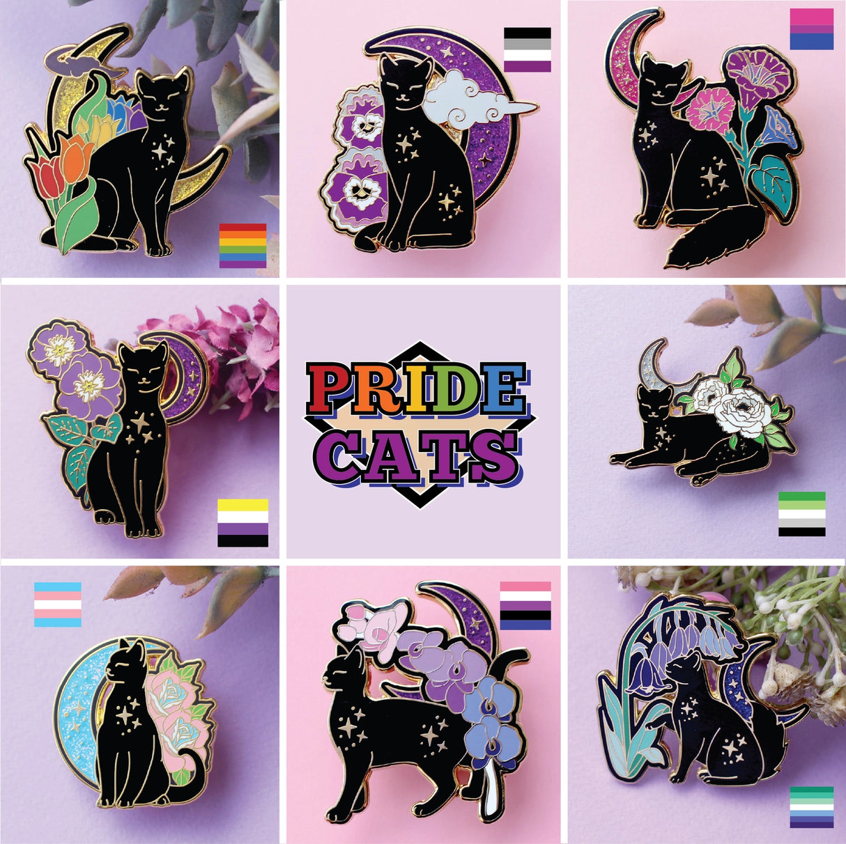 Celebrate your Pride with this fabulous Pansies Cat pin!
It features a black cat in front of a sparkly purple moon, next to some pansies in the black, grey, white & purple colours of the Ace Pride flag.
Each pin has a pair of heart shaped rubber pin backs, and is presented on a Pride themed Glitter Punk backing card. This pin is part of my Pride Cats collection, a 10-part set of enamel pins celebrating pride!
Measurements: 39mm (1.53”)