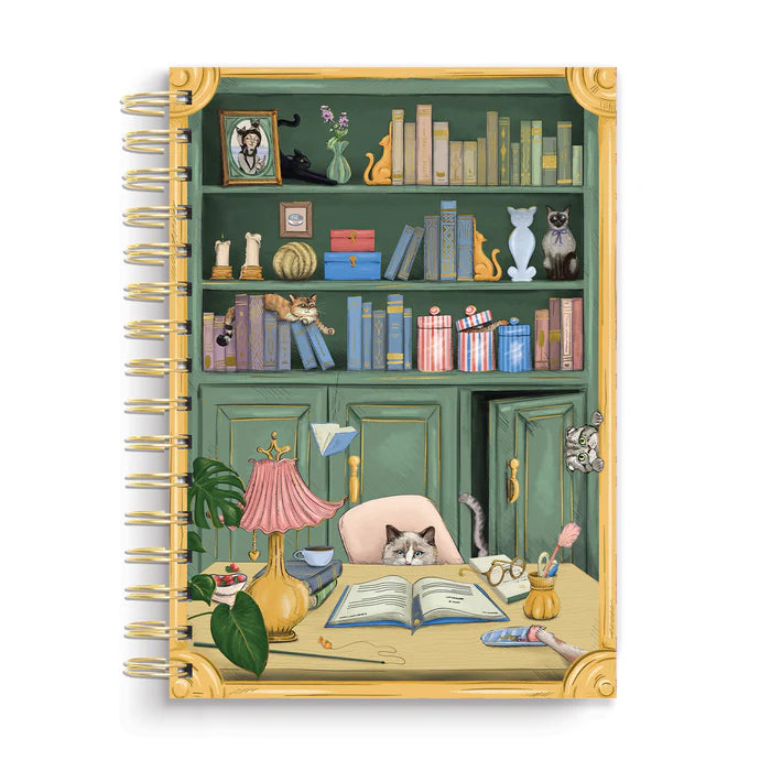 For cat lovers, book lovers, and anyone who believes planning should be delightful, the Cat Library Undated Weekly Planner brings a playful twist to everyday organization. The cover features a vintage-inspired library scene where curious cats lounge, climb, and quietly cause chaos among the shelves. Finished with gold foil details and gold wire binding, this planner feels whimsical yet polished.