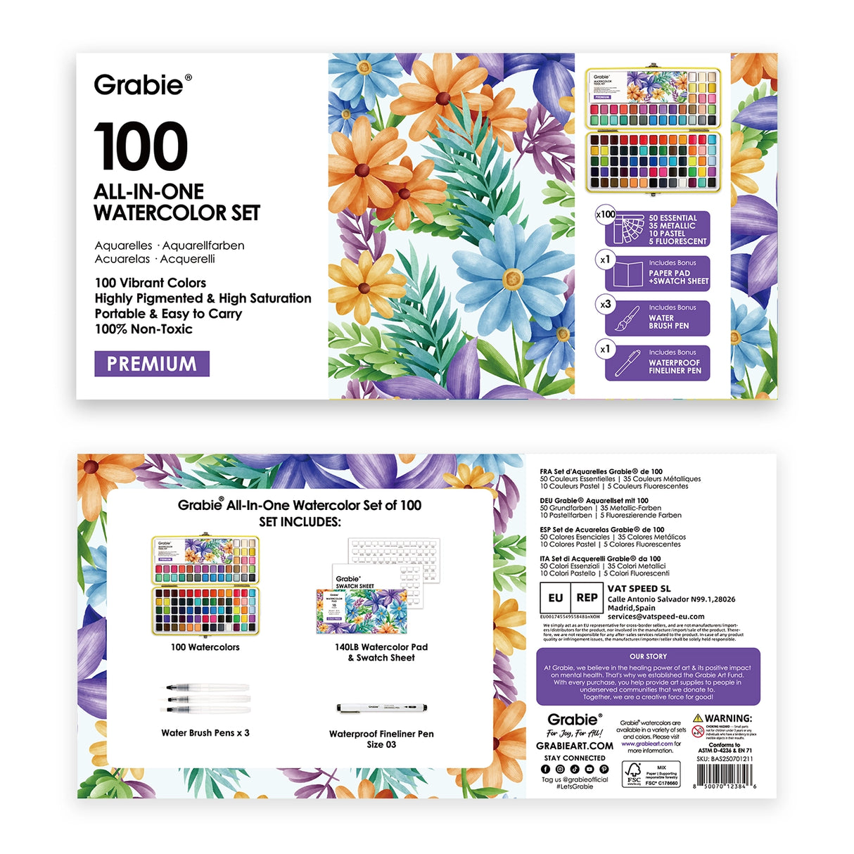 Endless Color Options - Enjoy a stunning selection of 100 vibrant shades, providing limitless choices for every artistic project and allowing for unique color combinations and gradients.
Superior Paint Quality - Formulated with high-quality, modern pigments, these watercolors deliver rich pigmentation, excellent transparency, and optimal performance for a true-to-color experience.