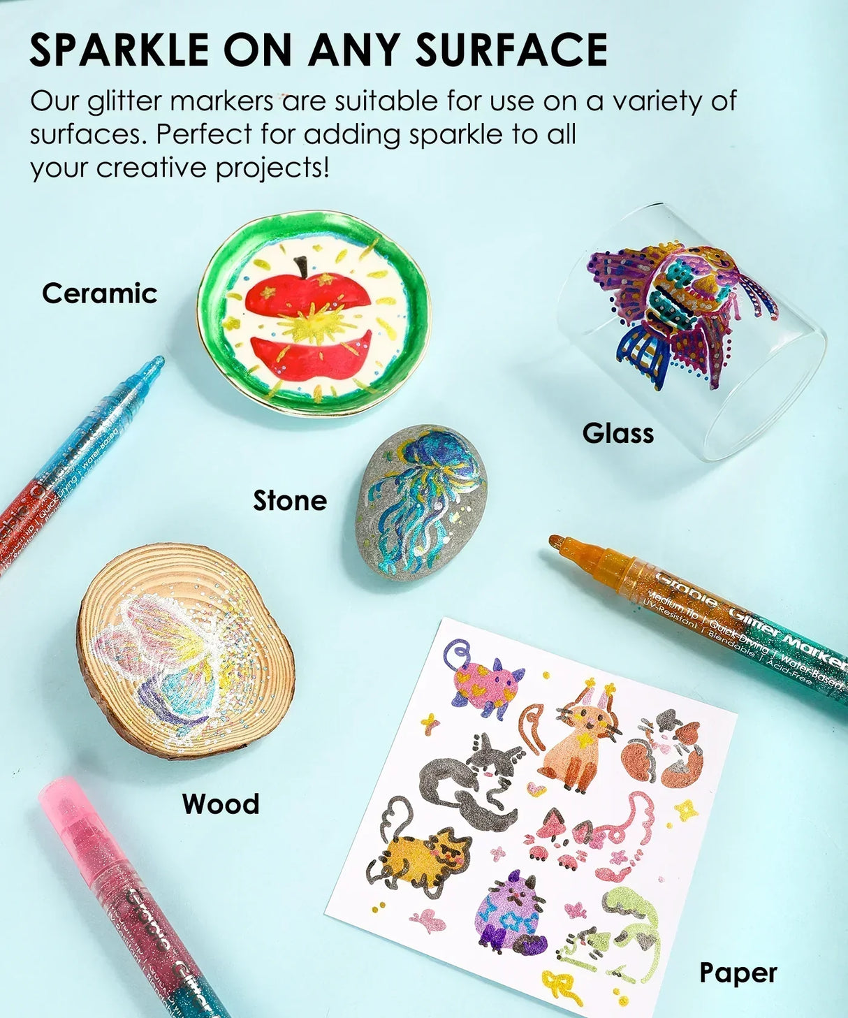 Get ready to elevate your art with our Dual Tone Iridescent Glitter Acrylic Paint Markers! With vibrant colors that shift and sparkle, these markers make every creation a dazzling masterpiece—perfect for unleashing your imagination wherever you go!