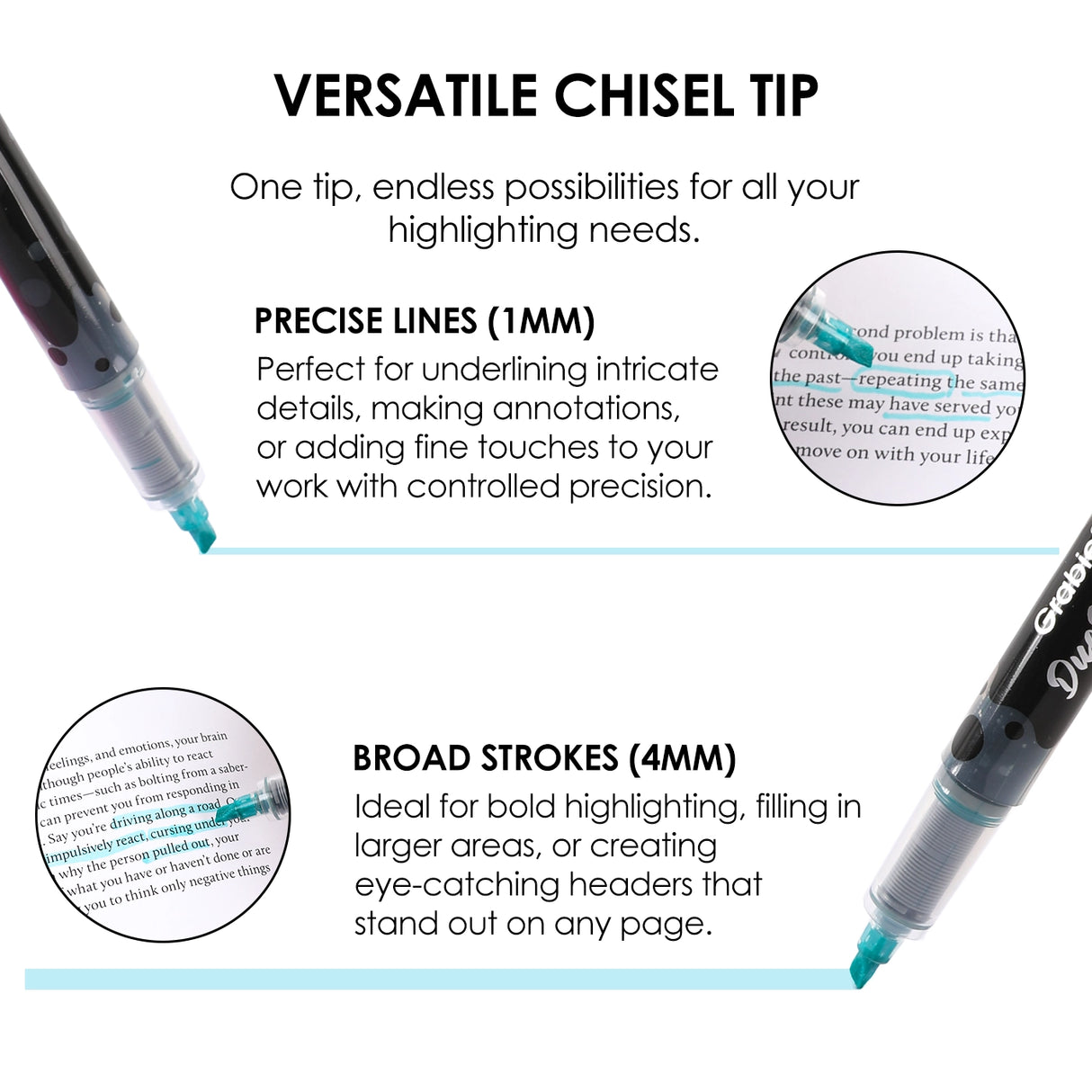 Unleash your creativity with the Grabie DuoMark Highlighter Set. This innovative set redefines highlighting by offering 20 vibrant, dual-tone colors in a compact and portable package. Designed for students, professionals, and artists alike, these highlighters are more than just a tool—they're a gateway to vivid and organized expression. Elevate your notes, journals, and art projects with a single set that offers endless possibilities.
20 DUAL TONE COLORS - Get the ultimate color palette with a set of 10 h