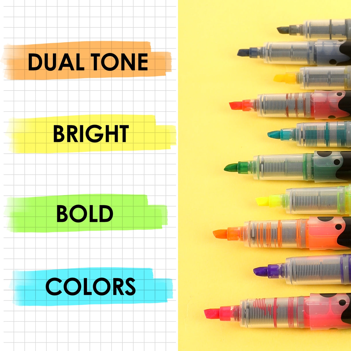 Unleash your creativity with the Grabie DuoMark Highlighter Set. This innovative set redefines highlighting by offering 20 vibrant, dual-tone colors in a compact and portable package. Designed for students, professionals, and artists alike, these highlighters are more than just a tool—they're a gateway to vivid and organized expression. Elevate your notes, journals, and art projects with a single set that offers endless possibilities.
20 DUAL TONE COLORS - Get the ultimate color palette with a set of 10 h
