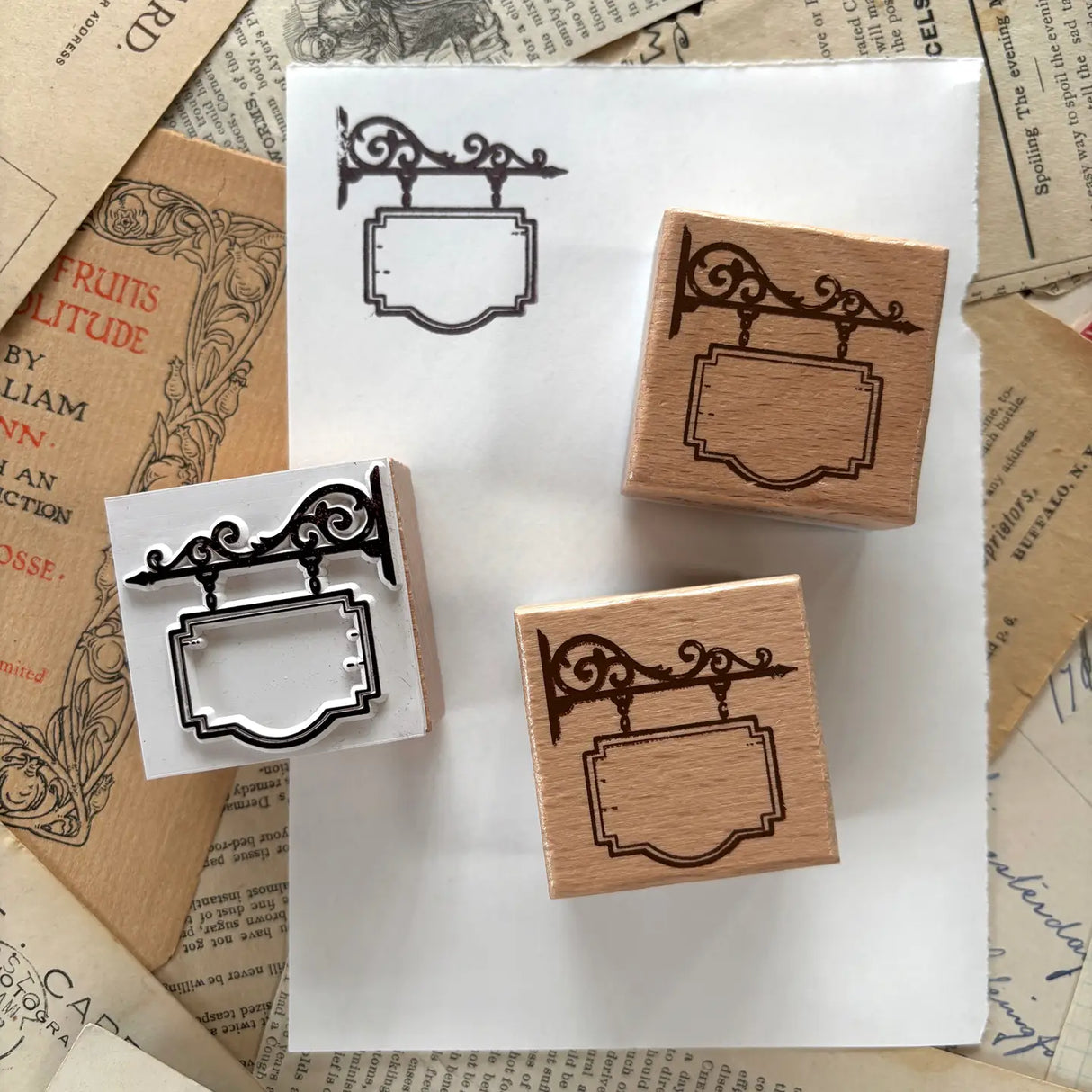 The Creeping Moon - Hanging Shop Sign Rubber Stamp
One rubber stamp of a blank hanging shop sign!
Each stamp is made with beech wood and measures roughly 1.5L x 1.5W x .8H" (38x38x20mm). The writable area on the sign measures about 23x15mm.