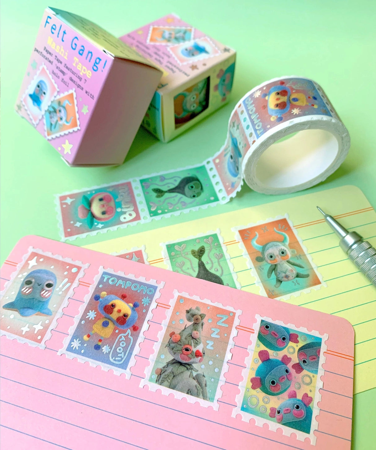 Hannakin Felt Gang Holographic Stamp Washi Tape
Listing for x1 roll of cute as heck photographic Hannakin felt critter themed stamp washi tape with holographic foil accents.