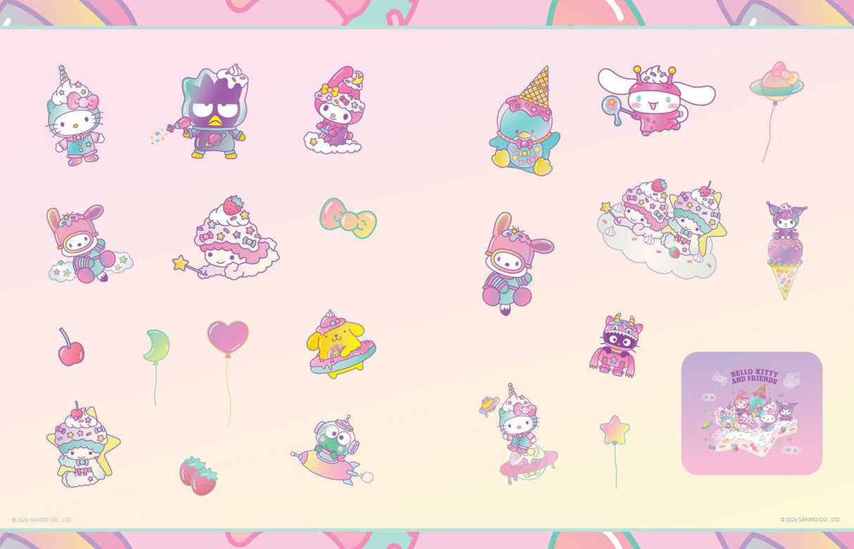 More than 500 colorful stickers of Hello Kitty and Friends are perfect for scrapbooking or decorating your personal items.
Ever since Hello Kitty made her first appearance in 1974, she has garnered millions of fans over several generations and continues to be popular today. This collection of more than 500 colorful stickers includes Hello Kitty and Friends in a variety of fun poses and features favorite Sanrio characters, group poses, icons, and fun graphics that are perfect for scapbooking or decorating s