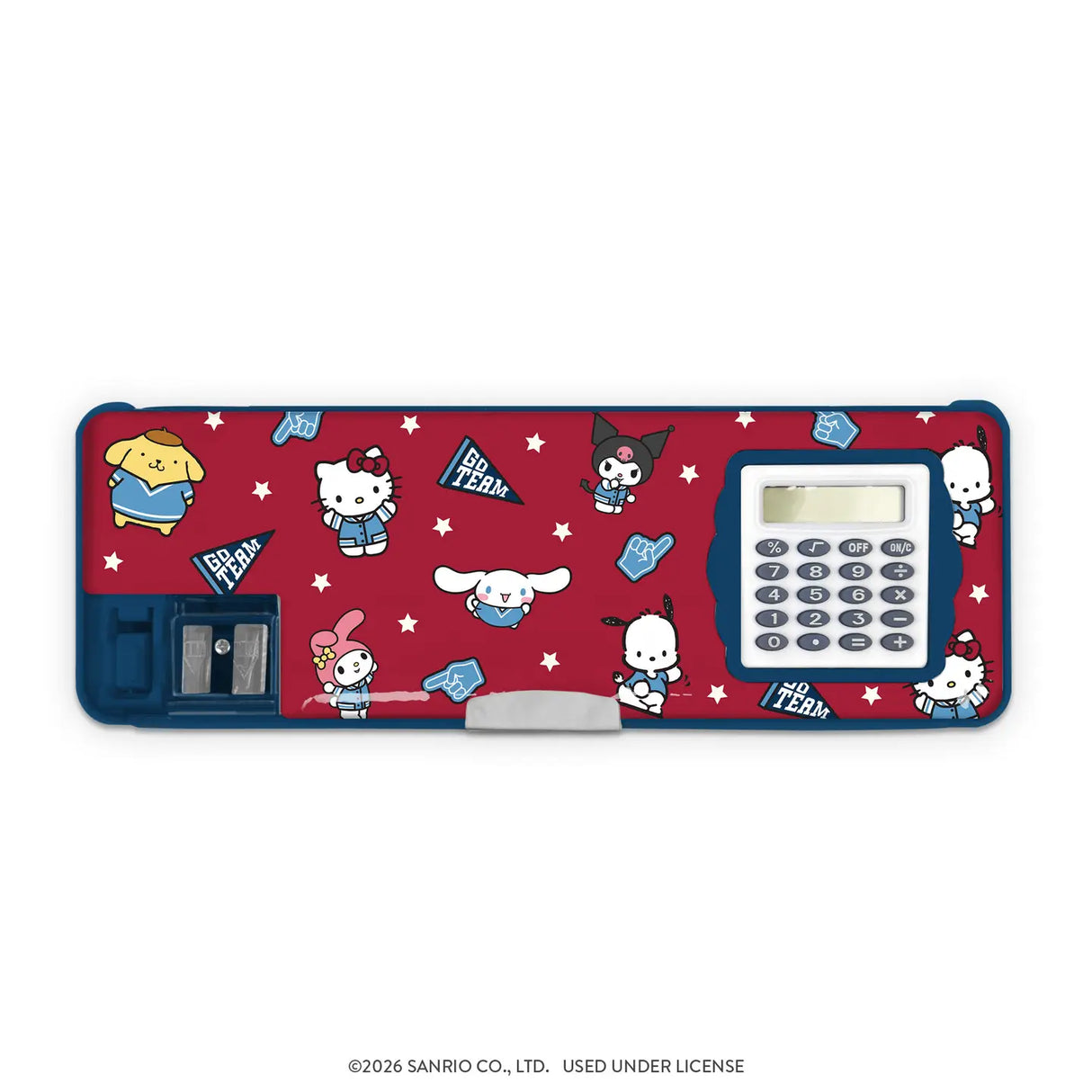 Stay organized with this Hello Kitty® and Friends Pencil Case! Featuring two roomy compartments, a flip-up calculator, a pencil sharpener, and a magnetic closure, it has plenty of space for pens, pencils, highlighters, and more. Perfect for Hello Kitty study supplies, Sanrio® school starter kits, and everyday student essentials, it’s a must-have for any kawaii desk setup. Plus, it makes a great gift for stationery lovers, coworkers, Sanrio fans, and more!