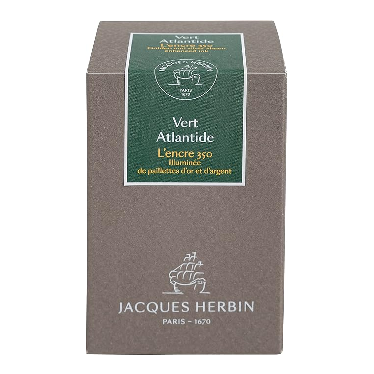 Ink 350, from the exclusive Jacques Herbin Prestige Collection, celebrates the launch date of the Jacques Herbin house in Paris in 1670. Vert Atlantide ink, a dark, intense colour, is illuminated with silver and gold flakes.
This ink is a tribute to the navigator Jacques Herbin, whose legend tells of his interest in lost places such as Antlantide.
Hand bottled with wax-dipped cap and seal.
50ml bottle.
Made in Paris.