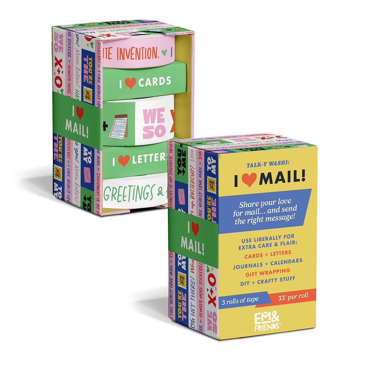 Make the cards & gifts you send even MORE delightful with our Talk-y Washi Tape! This fun & funny decorative tape celebrates your love of mail (and cuteness)! Use liberally to jazz up cards, letters, gift wrap, journals, calendars, and crafts!
3 rolls: 1 roll measuring 2.5 cm x 10 m, 2 rolls each measuring 1.5 cm x 10 m
Box: 2 x 3.75 x 2 inches