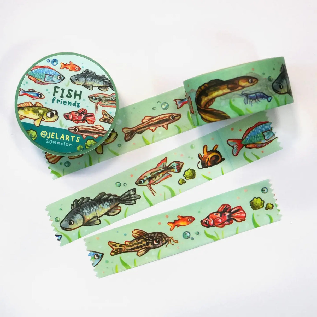 Various cute fish on a roll of washi tape.
20mm wide x 10m length
Great for decorating journal spreads, sketchbooks, scrapbooks, and more!
Plastic wrapped with a label on one side