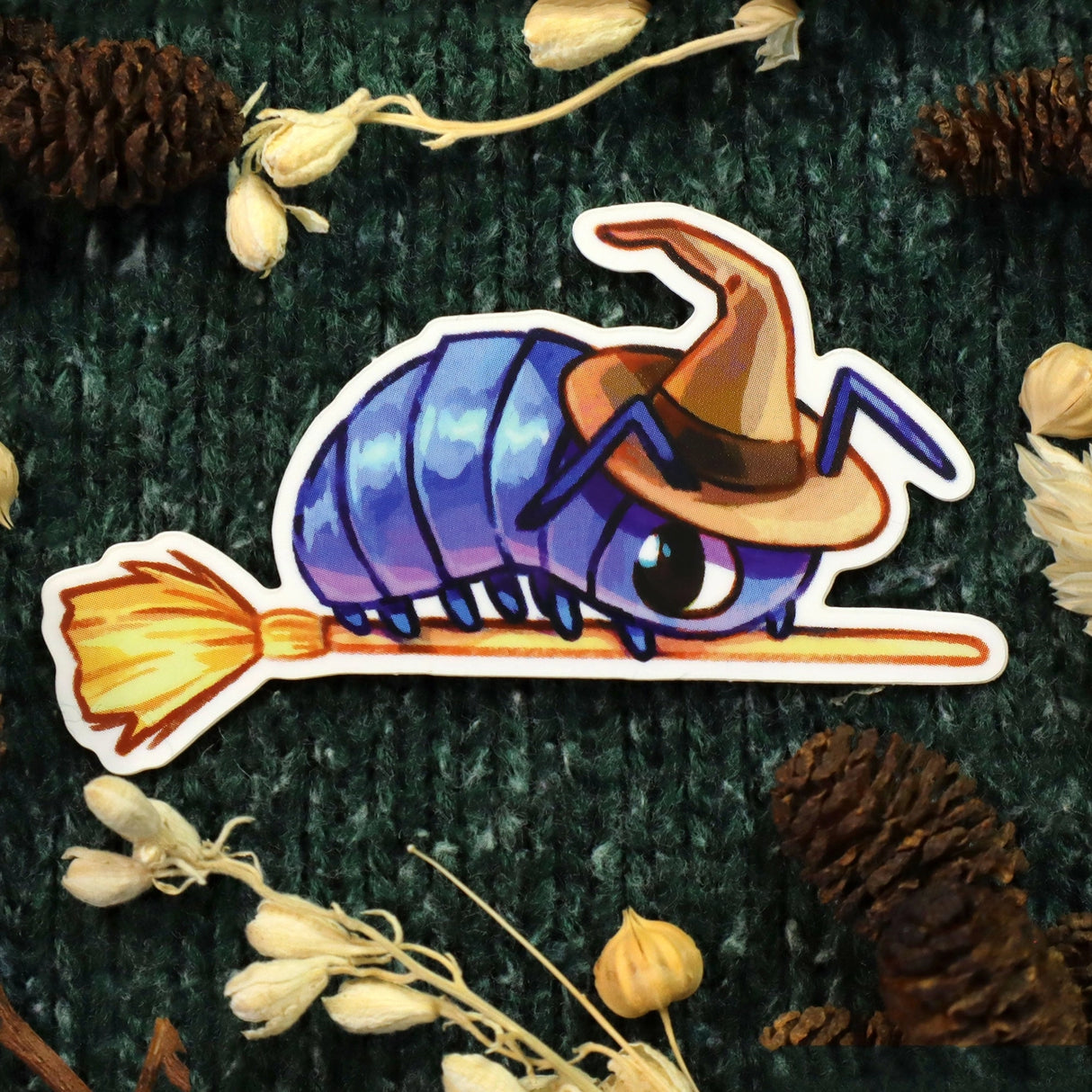 A Roly Poly, Potato Bug, or Pill Bug - but as a witch!
* Glossy vinyl die cut sticker 2.7" x 1.5"
* Durable and waterproof
* Sold as-is with no extra packaging