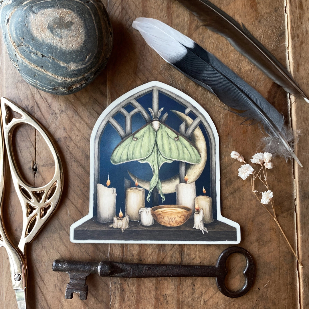 Vinyl sticker of a luna moth and moon at a window, illustrated by Jessica Roux. The window has a matte mirror-effect, glowing with the moonlight.
Sticker measures 2.2" x 2.8" and has a matte, soft-touch feel.