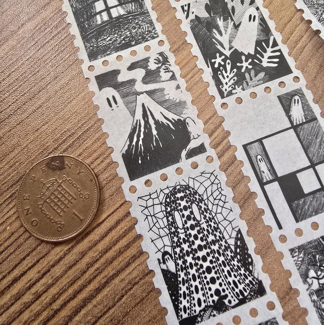One of two tapes from the Creative Spirits series by Jon Turner, little ghosties taking you on an eclectic tour of art history. This roll features ghosts inspired by Vincent Van Gogh, Frida Kahlo, Piet Mondrian, Claude Monet, Henri Matisse, Hokusai, Malika Favre, Gustav Klimt, Keith Haring, and Yayoi Kusama.
Perforated to look like a roll of postage stamps, this washi tape features a repeating pattern of ten designs in portrait format from hand-drawn pen and ink artwork, recreated in incredible detail at m