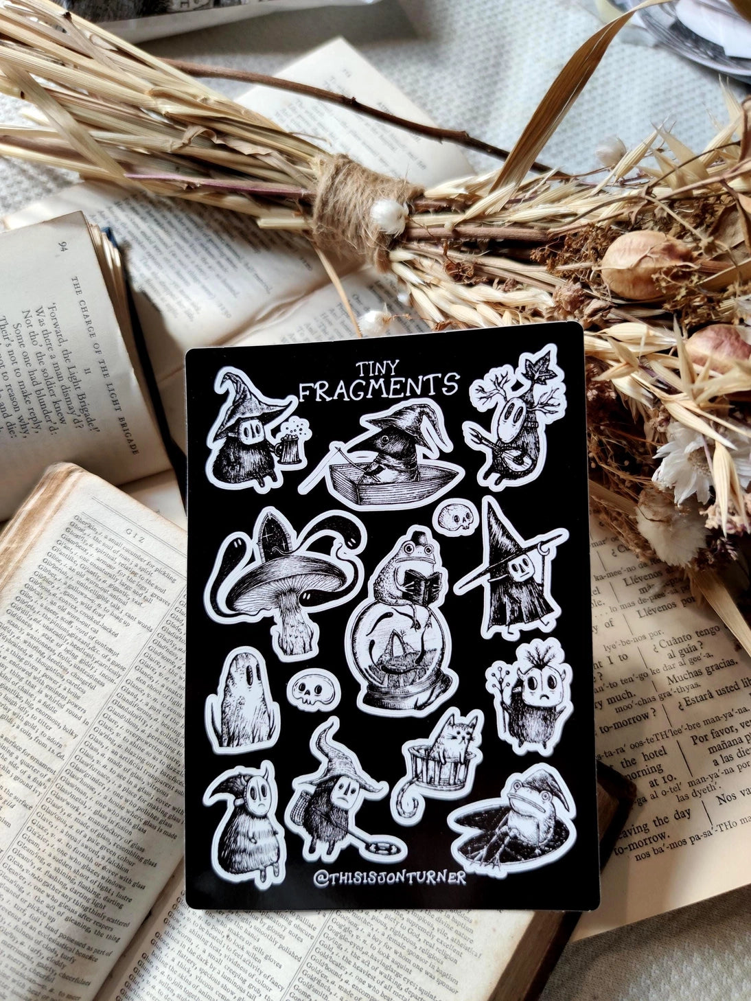 Fourteen tiny spooky sticker pals, from my book Fragmnets, to decorate your laptop, phone, lunchbox, notebook or any other surface you feel needs a bit of fantasy flair.
On an A6 (105x148mm) sized vinyl sheet, each sticker is kiss cut for easy peeling. 
