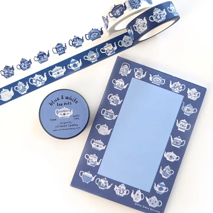A simple tear away notepad for jotting down to do lists, things to remember, or a short Thank-You note. Illustrated with many different styles of blue and white teapots.