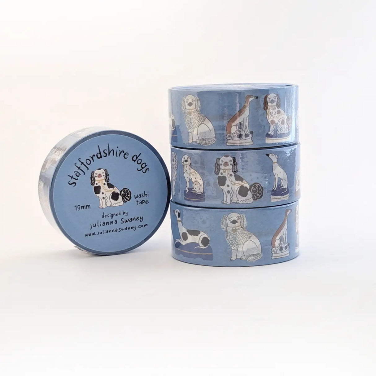 A washi tape for Staffordshire dog lovers! Made from my original illustrations of various styles and forms of Staffordshire dog figurines on a blue background