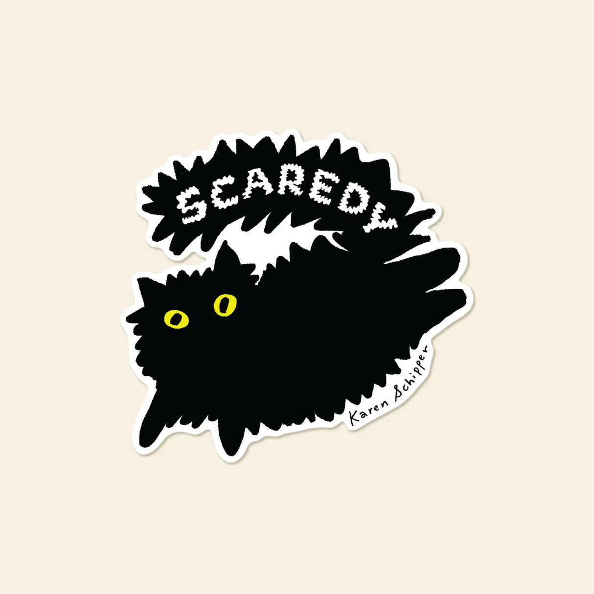 Karen Schipper Vinyl Sticker - Scaredy Cat
Bold, quirky, and full of personality, Scaredy Cat Sticker features a fluffy black cat with bright yellow eyes and an arched back beneath the word “Scaredy.” The graphic black-and-white design gives it strong shelf appeal and makes it an easy standout in cat, humor, and Halloween-themed assortments.
Made from matte-coated, waterproof vinyl, it’s durable enough for laptops, planners, water bottles, and more. It’s an easy impulse add-on for cat people, best friends