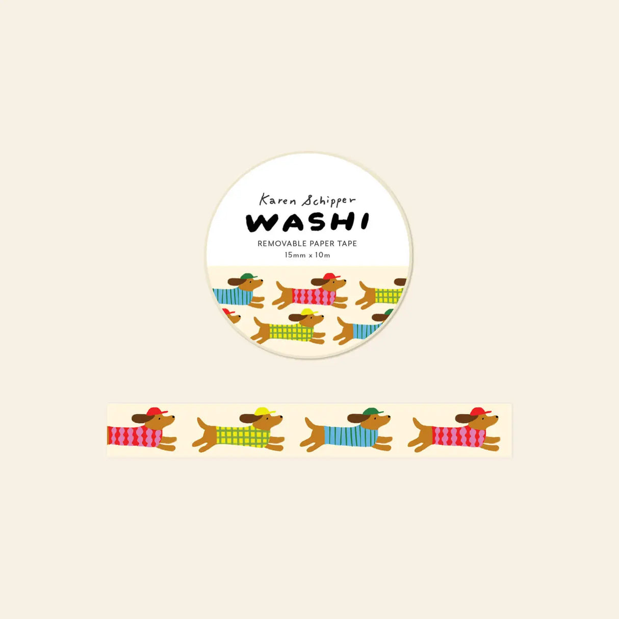 Karen Schipper Washi Tape - Dachshund Dog
Long little dachshunds in bright sweaters and tiny caps give the Dachshund Dog Washi Tape a playful, personality-filled look. This Karen Schipper decorative paper tape is a fun pick for dog lovers, stationery shoppers, and anyone drawn to cheerful desk accessories.
Tape dimensions: 15mm x 10m
Each tape is approx. 1.75” x 1.75” x 0.65”
Packaged in clear plastic with two round branded stickers on each side of the roll
Designed in the USA, made in China