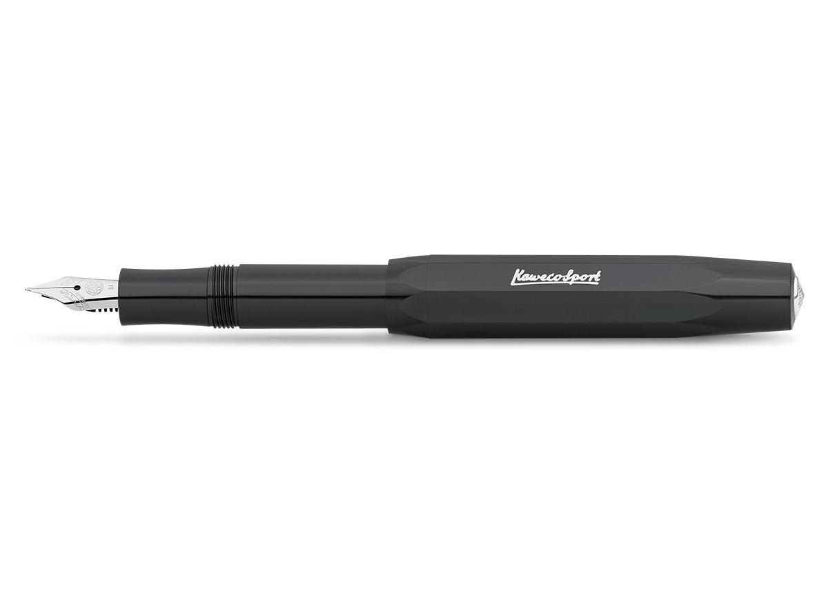 All black everything - our fountain pen in black performs brilliantly in any situation. The classic and elegant colour can be combined with various notebooks, papers and other accessories.
In 1911 something remarkable by the name of Kaweco Sport was created. The pocket fountain pen only measures 10.5 cm when closed, therefore it can easily be taken anywhere. With the cap attached, it grows to a normal size of 13 cm.
You can choose between five nib sizes from extra fine (EF) to extra broad (BB). If you'r