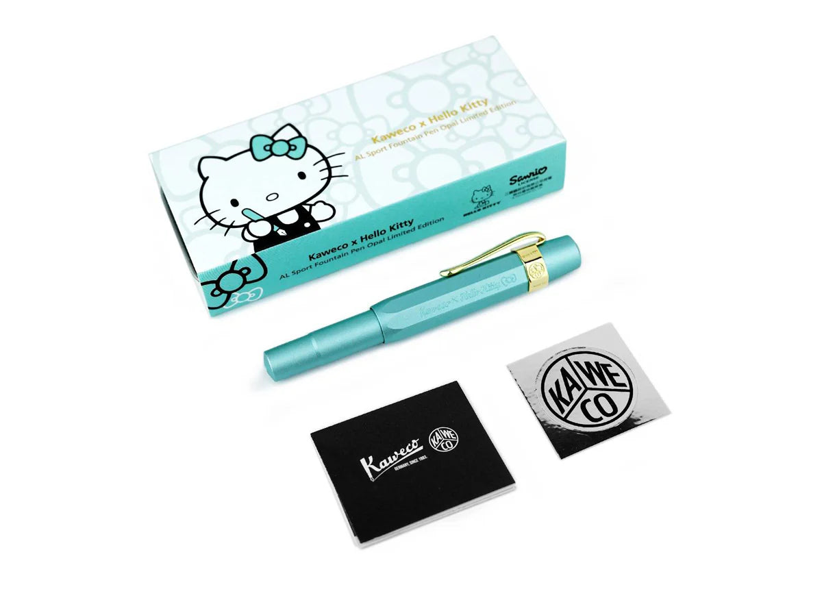 Limited Edition Kaweco x Hello Kitty AL Sport Fountain Pen - Opal with Gold Trimmings
Hello Kitty meets Kaweco again to bring you the Limited Edition Kaweco AL Sport Fountain Pen. The aluminum body and cap are shaded in a unique Opal color. The cap features a Kaweco x Hello Kitty branding, and the gold-plated nib is engraved with Hello Kitty's adorable face.