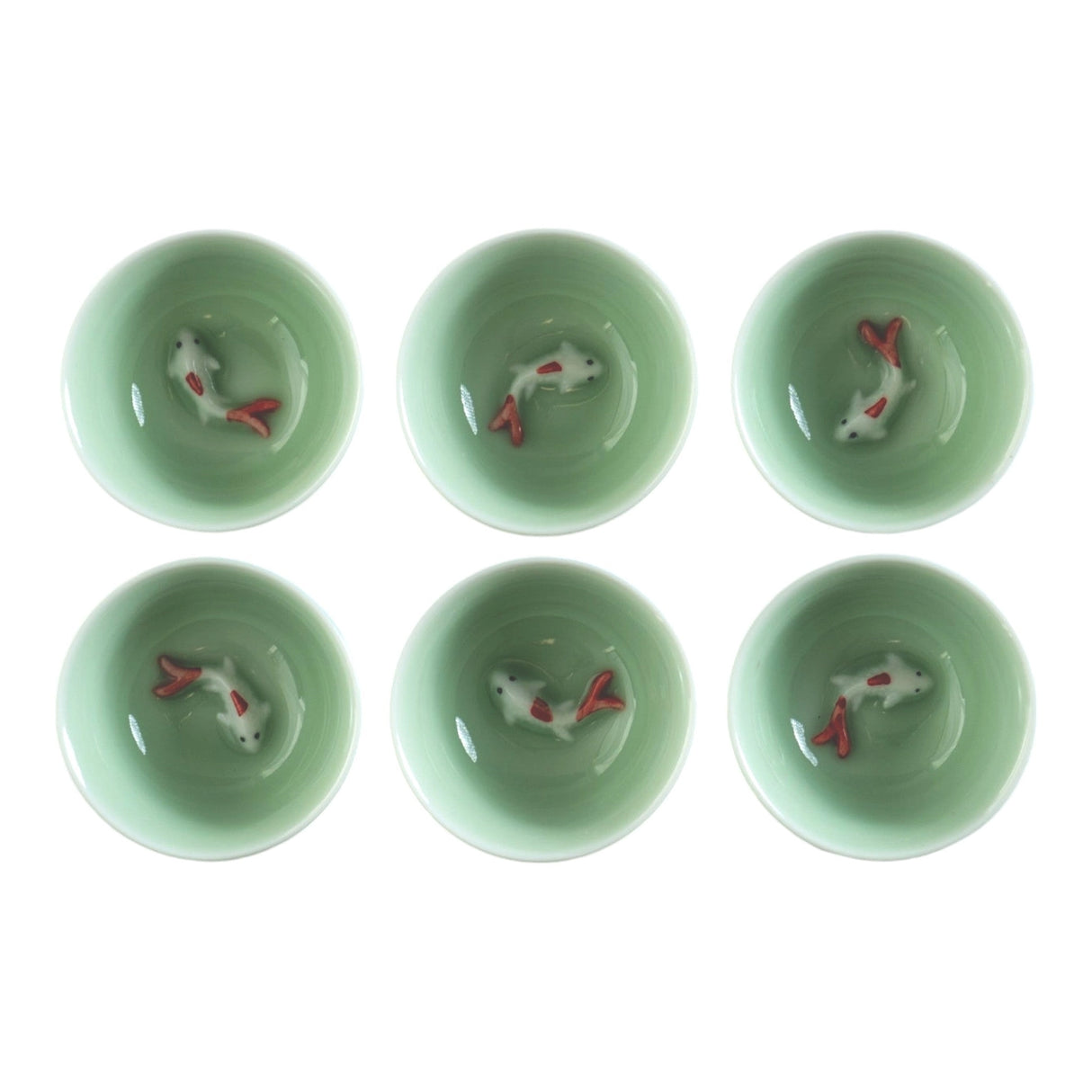 Koi Fish Kung Fu Tea Cups 6 Piece Set - Green
Size: 2.5"D x 1"H
Material: Porcelain
Origin: China