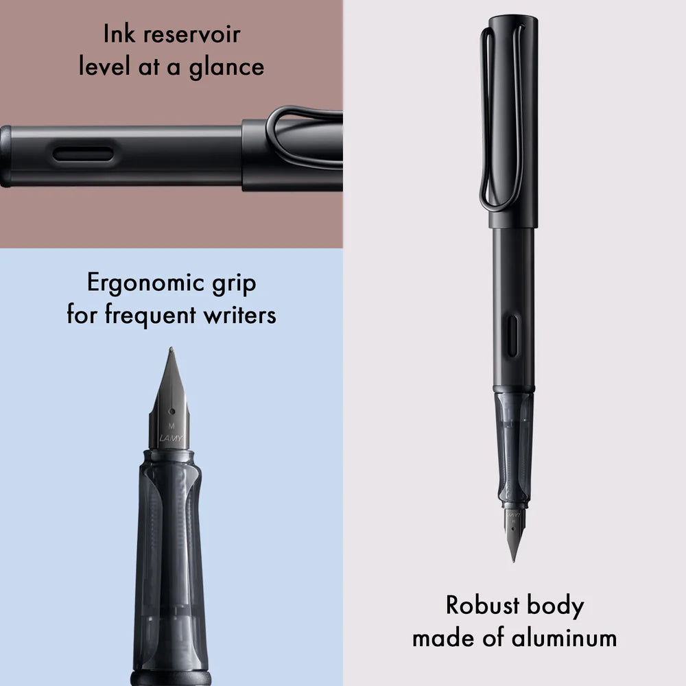 Light, lighter, LAMY AL-star: the writing classic made of resistant aluminium masters all challenges of everyday life in style. The transparent grip lies comfortably in the hand and, with an unobstructed view of the ink duct, turns the functional into a visual highlight. The series is ever inspiring with new special editions in current trendy colours and is thus an inspiring must-have in any pencil case.
Lightweight fountain pen with polished steel nib and ergonomic grip made of high-quality transparent pl