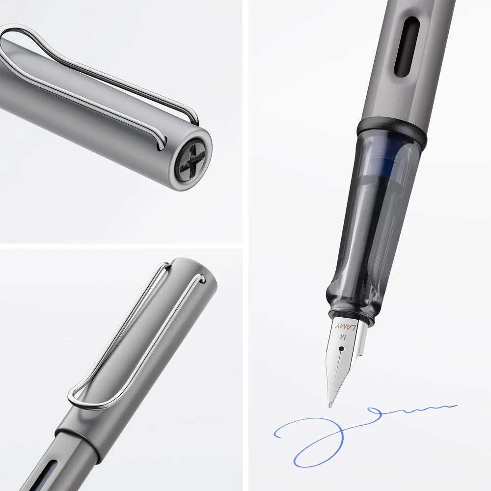 Light, lighter, LAMY AL-star: the writing classic made of resistant aluminium masters all challenges of everyday life in style. The transparent grip lies comfortably in the hand and, with an unobstructed view of the ink duct, turns the functional into a visual highlight. The series is ever inspiring with new special editions in current trendy colours and is thus an inspiring must-have in any pencil case.
Lightweight fountain pen with polished steel nib and ergonomic grip made of high-quality transparent pl