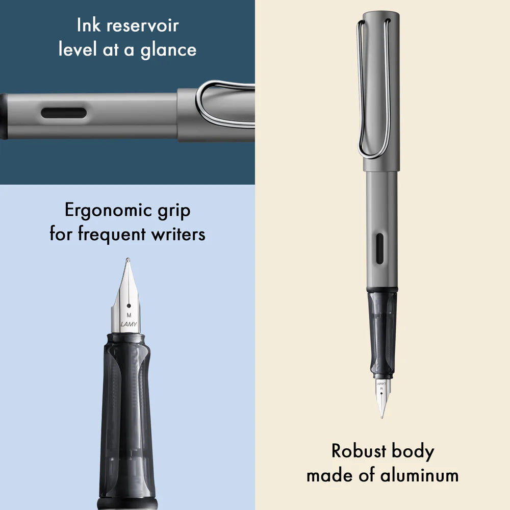 Light, lighter, LAMY AL-star: the writing classic made of resistant aluminium masters all challenges of everyday life in style. The transparent grip lies comfortably in the hand and, with an unobstructed view of the ink duct, turns the functional into a visual highlight. The series is ever inspiring with new special editions in current trendy colours and is thus an inspiring must-have in any pencil case.
Lightweight fountain pen with polished steel nib and ergonomic grip made of high-quality transparent pl