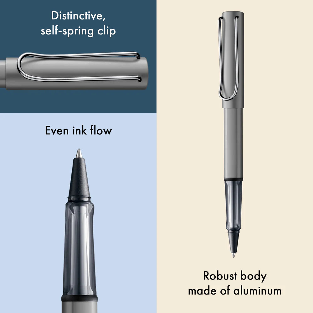 Light, lighter, LAMY AL-star: the writing classic made of resistant aluminium masters all challenges of everyday life in style. The transparent grip lies comfortably in the hand and, with an unobstructed view of the ink duct, turns the functional into a visual highlight. The series is ever inspiring with new special editions in current trendy colours and is thus an inspiring must-have in any pencil case.
Lightweight rollerball pen with ergonomic grip made of high-quality transparent plastic.
Distinctive m