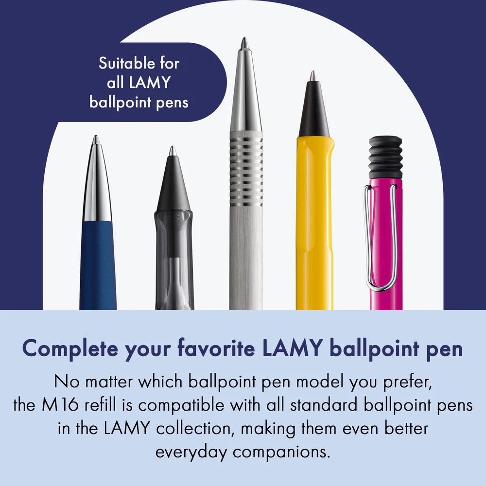 The LAMY M 16 metal ballpoint refill ensures smooth, consistent writing and a precise, refined finish – perfect for everyday use. Available in blue and black for a medium line width – ideal for personalizing notes, letters, or sketches. All Lamy ballpoint pens write with the Lamy LAMY M16 large-capacity refill, which can be replaced quickly and easily.
Includes 1 refill. 