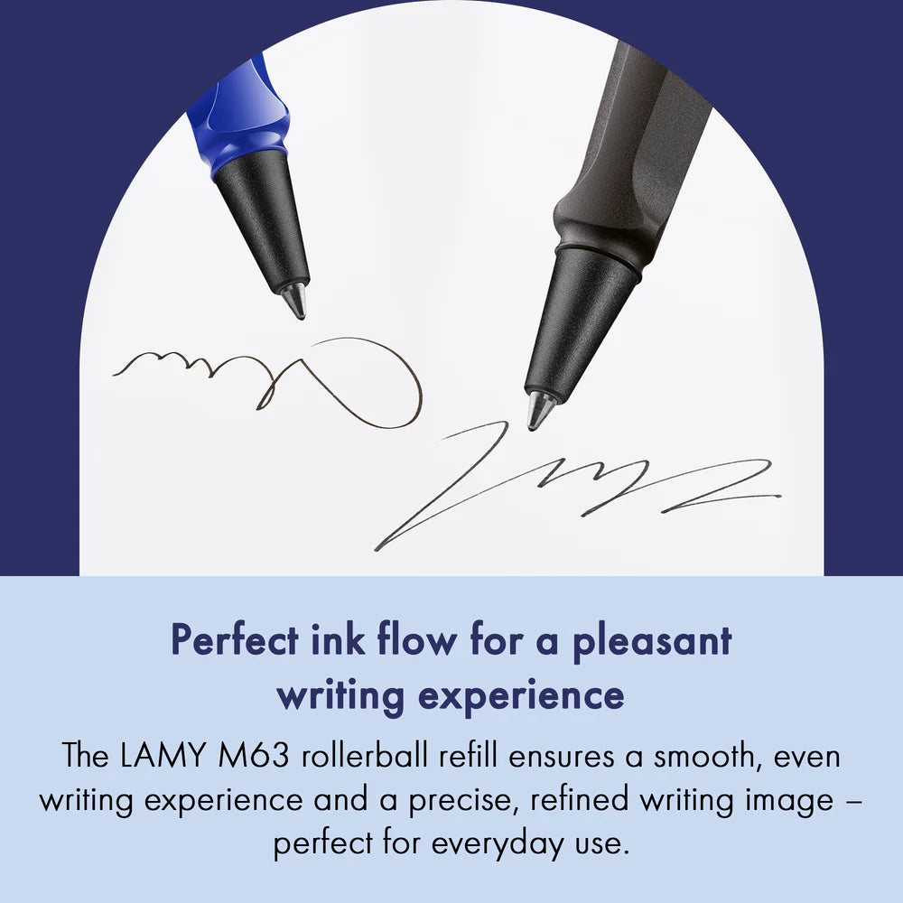 The LAMY M 63 metal rollerball refill ensures smooth, consistent writing and a precise, refined finish – perfect for everyday use. Available in blue and black for a medium line width – ideal for personalizing notes, letters, or sketches.
Refill for rollerball pens with cap.
Includes 1 refill. 