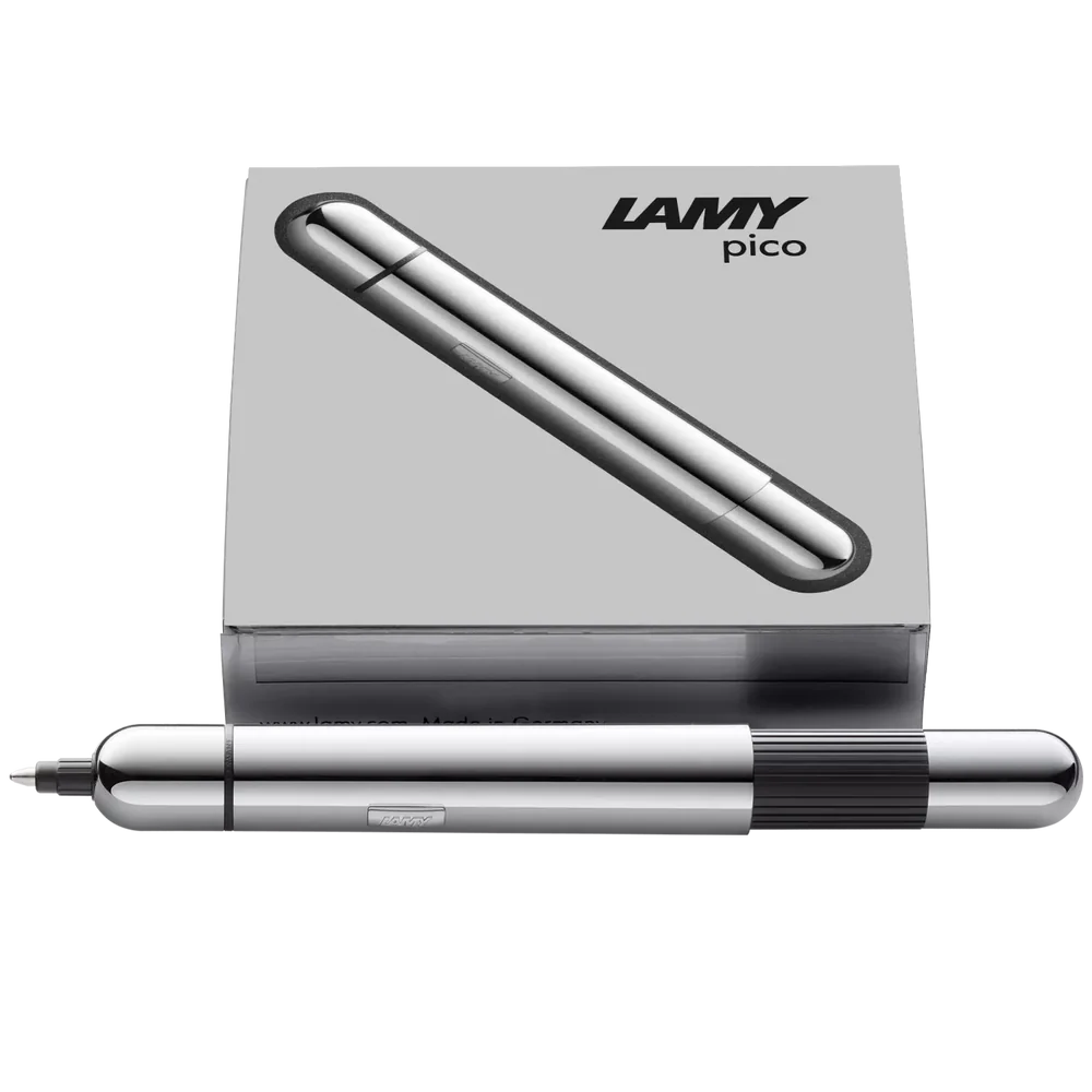 Innovative pocket pen full of transformative power.
The LAMY pico reaches unimagined greatness under pressure: the innovative pocket pen transforms into a full-size biro with just one finger movement thanks to an ingenious double push mechanism inside. Strikingly different and surprising, it brings a piece of innovation to even the smallest pencil case or even trouser pocket as a handy everyday companion.
Chrome finish with 1 refill of LAMY M 22 M black