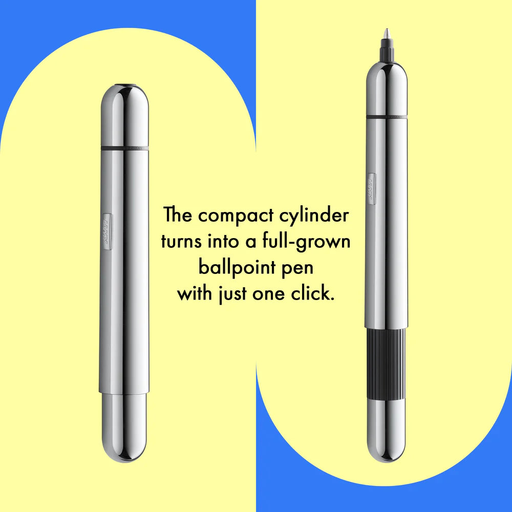 Innovative pocket pen full of transformative power.
The LAMY pico reaches unimagined greatness under pressure: the innovative pocket pen transforms into a full-size biro with just one finger movement thanks to an ingenious double push mechanism inside. Strikingly different and surprising, it brings a piece of innovation to even the smallest pencil case or even trouser pocket as a handy everyday companion.
Chrome finish with 1 refill of LAMY M 22 M black