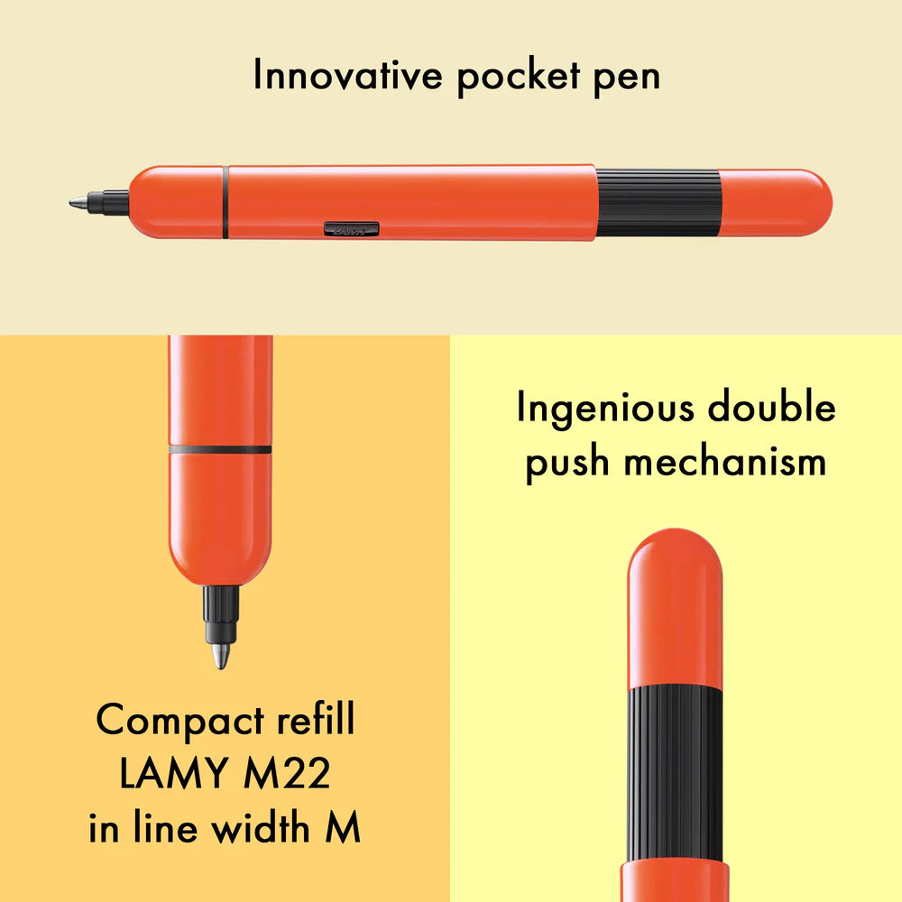 Innovative pocket pen full of transformative power.
The LAMY pico reaches unimagined greatness under pressure: the innovative pocket pen transforms into a full-size biro with just one finger movement thanks to an ingenious double push mechanism inside. Strikingly different and surprising, it brings a piece of innovation to even the smallest pencil case or even trouser pocket as a handy everyday companion.
Shiny neon orange lacquer finish with 1 refill of LAMY M 22 M black