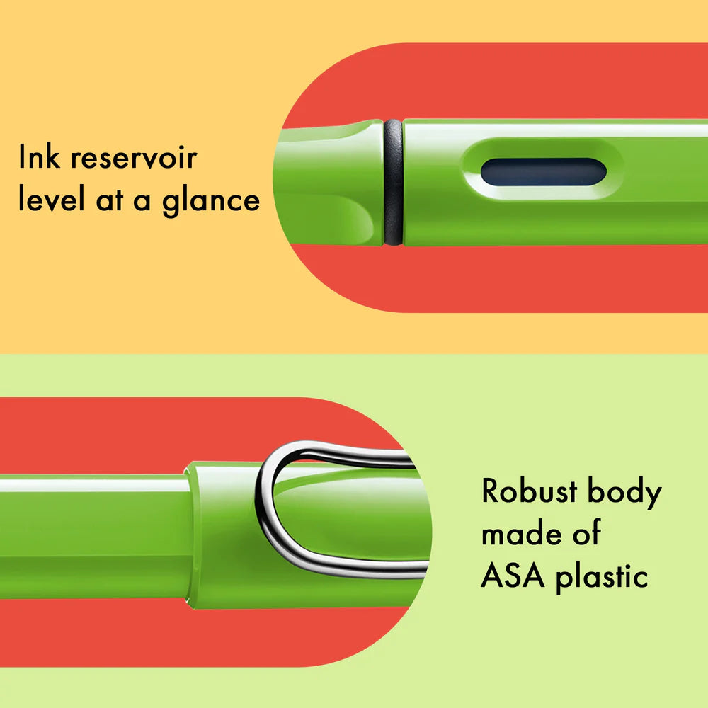 Fountain pen, icon, global success: the LAMY safari has been a beloved classic since its introduction in the 1980s and enjoys a cult status untypical for a writing instrument. Countless colours and ever-changing special editions make hearts beat faster - whether for the pencil case or the carefully curated fountain pen collection.
The LAMY safari is more than the sum of its details: it is aesthetic, robust and individual. The distinctive, self-sprung clip keeps the writing instrument securely fastened in p