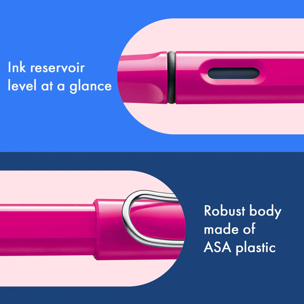 Fountain pen, icon, global success: the LAMY safari has been a beloved classic since its introduction in the 1980s and enjoys a cult status untypical for a writing instrument. Countless colours and ever-changing special editions make hearts beat faster - whether for the pencil case or the carefully curated fountain pen collection.
The LAMY safari is more than the sum of its details: it is aesthetic, robust and individual. The distinctive, self-sprung clip keeps the writing instrument securely fastened in p