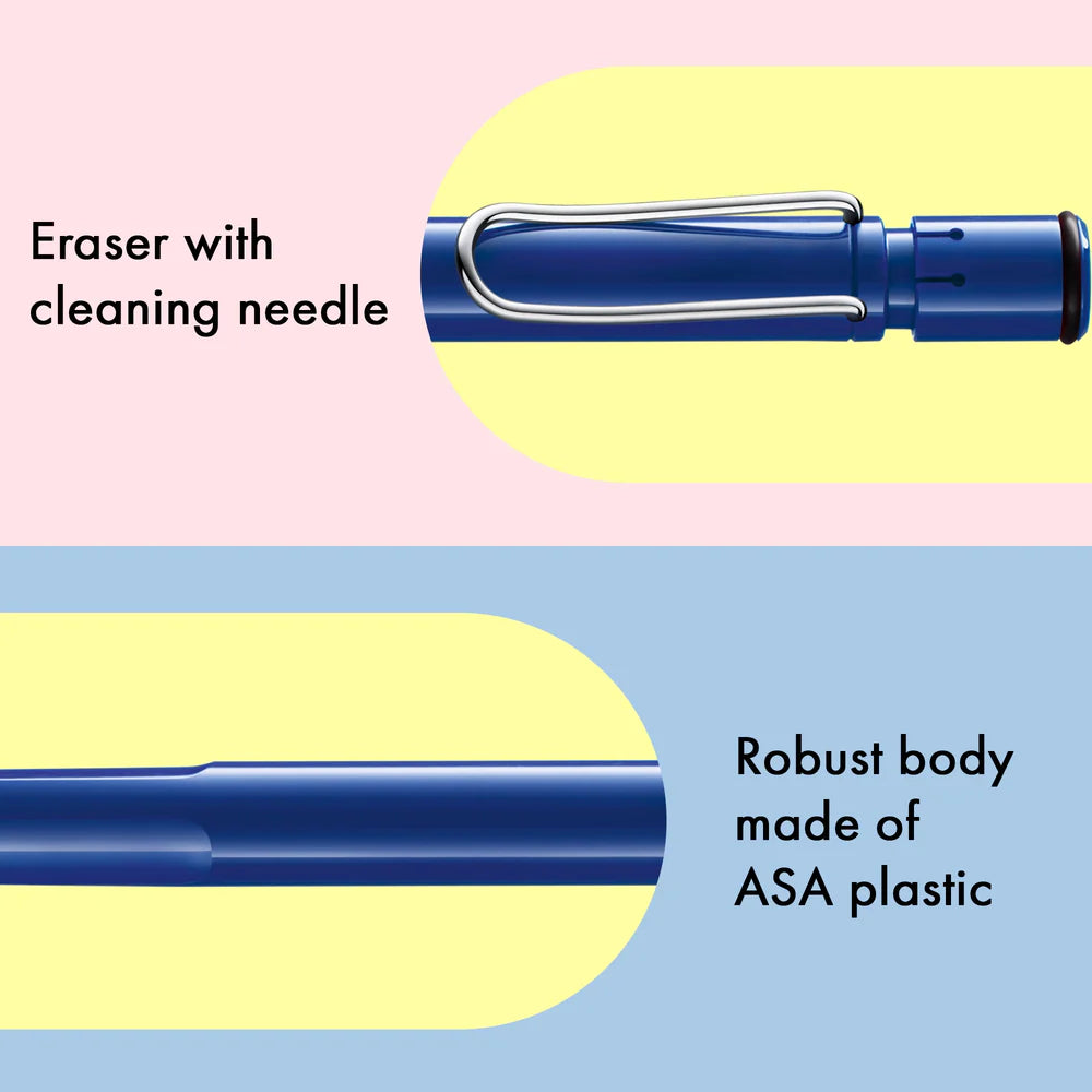 Fountain pen, icon, global success: the LAMY safari has been a beloved classic since its introduction in the 1980s and enjoys a cult status untypical for a writing instrument. Countless colours and ever-changing special editions make hearts beat faster - whether for the pencil case or the carefully curated fountain pen collection.
The LAMY safari is more than the sum of its details: it is aesthetic, robust and individual. The distinctive, self-sprung clip keeps the writing instrument securely fastened in p