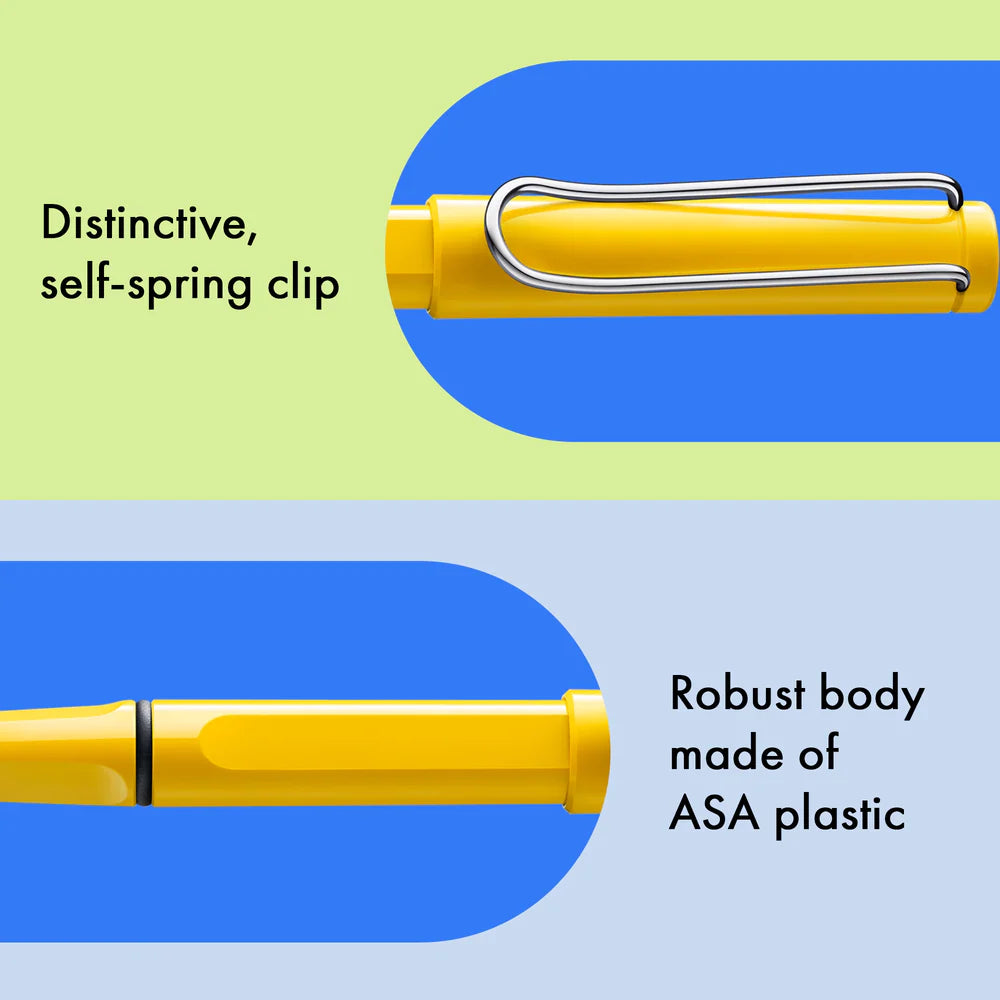 Fountain pen, icon, global success: the LAMY safari has been a beloved classic since its introduction in the 1980s and enjoys a cult status untypical for a writing instrument. Countless colours and ever-changing special editions make hearts beat faster - whether for the pencil case or the carefully curated fountain pen collection.
The LAMY safari is more than the sum of its details: it is aesthetic, robust and individual. The distinctive, self-sprung clip keeps the writing instrument securely fastened in p