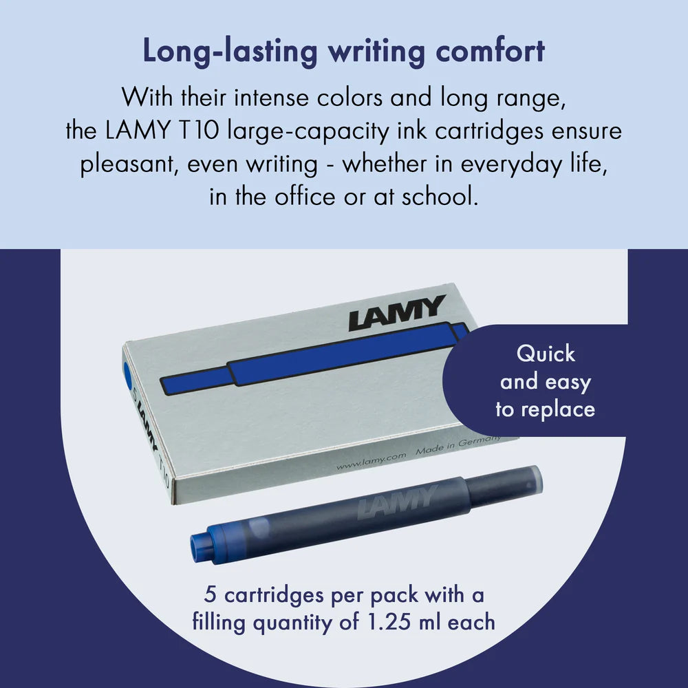 With their intense colors and long range, the LAMY T10 large capacity ink cartridges ensure pleasant, even writing - whether in everyday life, in the office, or at school. The ink cartridges offer an even flow and provide a smooth, precise writing experience for stylish writing without scratches. These ink cartridges fit all Lamy fountain pens, except the LAMY 2000.
Includes 5 cartridges with a 1.25ml capacity in each pack.