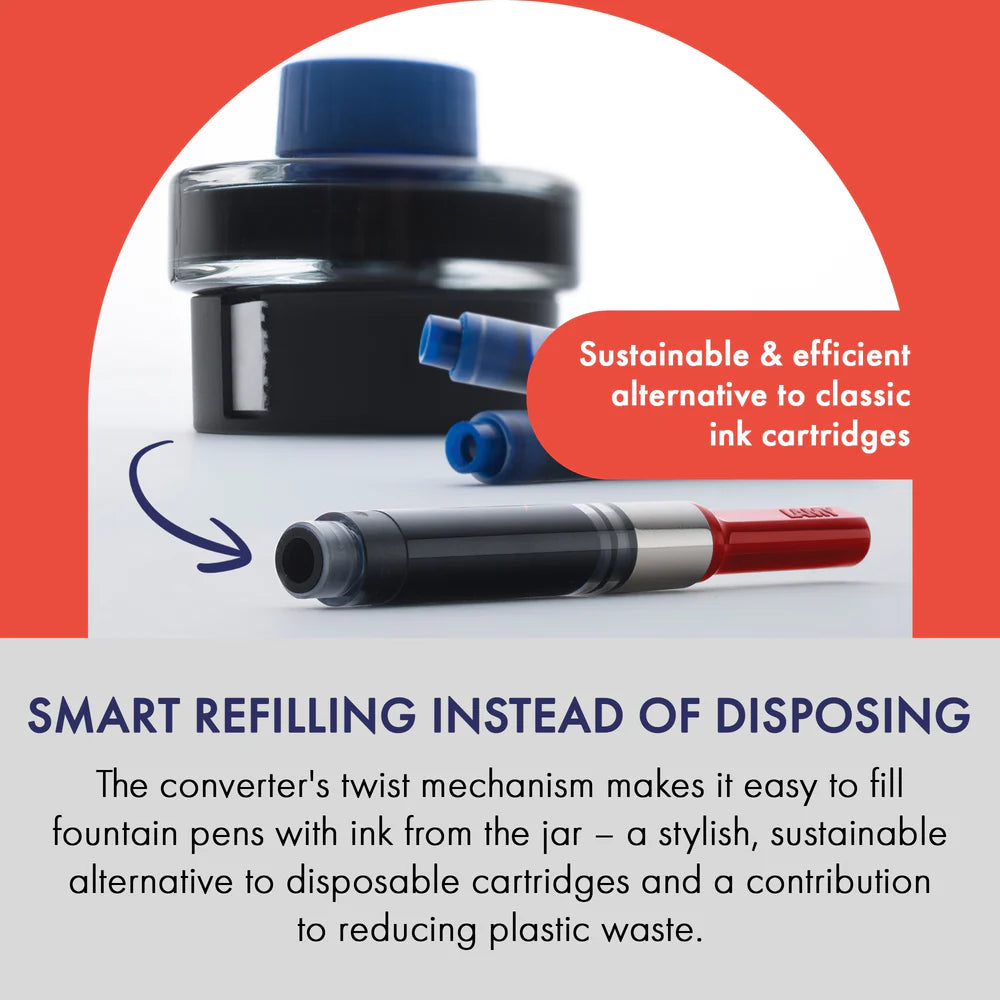 LAMY piston filled converter. The twist mechanism makes it easy to fill with your favorite bottled inks. This converter is good to be used with LAMY abc, safari, vista, joy, AL-star, Lx, nexx, nexx M.