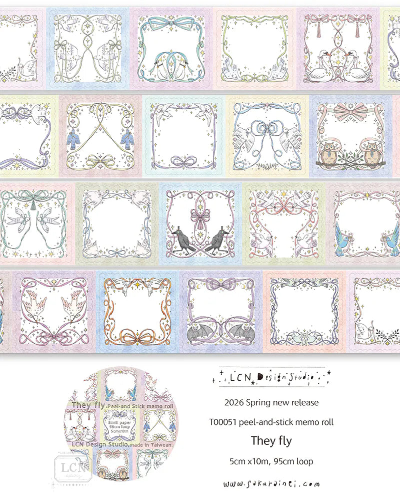 Lin Chia Ning Memo Sticker Roll - They Fly
A whimsical peel‑and‑stick memo roll featuring delicate flying creatures and bow‑themed frames.
Size: 5cm*10M
Loop: 95 cm
Simili paper