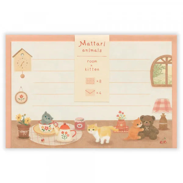 Relaxing Animals Day - A mini-letter depicting the days of each animal living in
a relaxed manner.
I drew a kitten relaxing in a warm room lined with teddy bears and pots.
It is a size that can hold a photo (DSC format, L format) and can be mailed at a standard price.
Length 98× Width 148mm
8 pieces of stationery, 4 envelopes