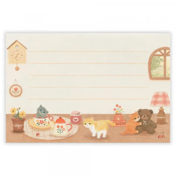 Relaxing Animals Day - A mini-letter depicting the days of each animal living in
a relaxed manner.
I drew a kitten relaxing in a warm room lined with teddy bears and pots.
It is a size that can hold a photo (DSC format, L format) and can be mailed at a standard price.
Length 98× Width 148mm
8 pieces of stationery, 4 envelopes